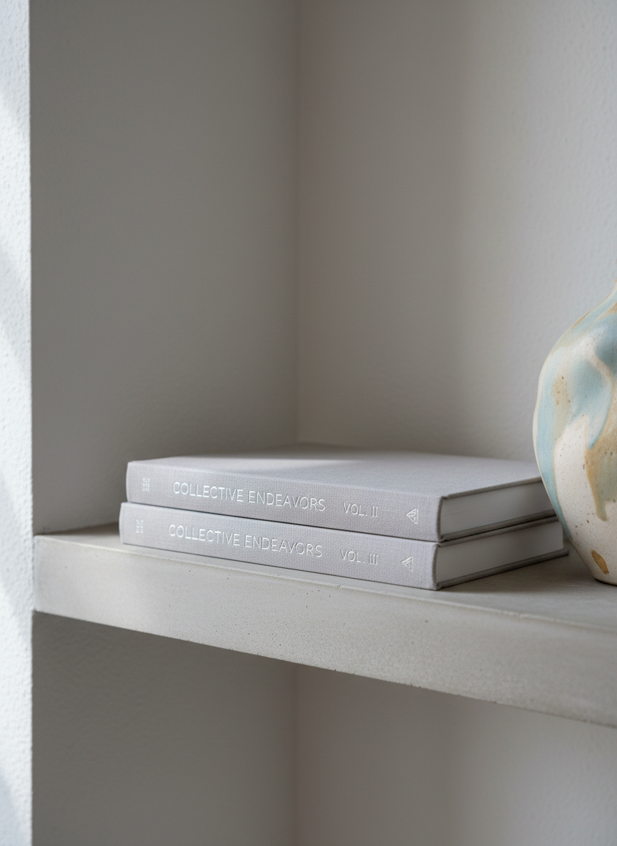 A tranquil corner featuring a stack of collaborative project journals elegantly bound in soft dove-grey linen, their spines embossed with delicate silver lettering. The journals rest on a minimalist stone shelf beside an abstract ceramic vase in pale mottled tones. Ambient daylight filters indirectly onto the scene, creating muted highlights and soft gradients. Framed at a three-quarter angle, the image captures refined details and quiet anticipation, setting a tone of sophisticated collaboration and collective expression in photographic realism with a focus on minimalist, elegant design.