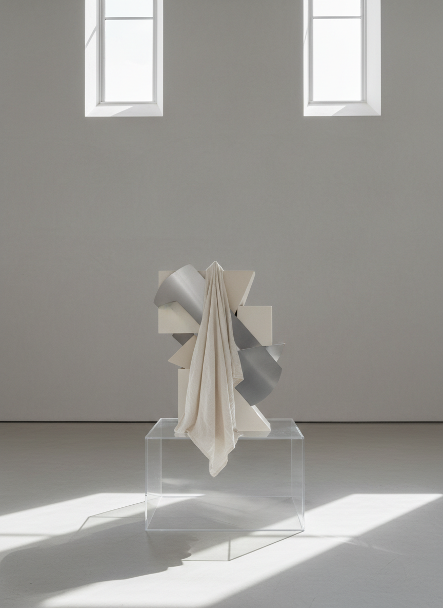 An artfully arranged collection of sculptural elements—folded linen, carved paper, and brushed aluminum shapes—resting on a minimalist glass plinth at the center of an open gallery. The background is a softly textured pale grey wall, and diffused natural light streams through high windows, casting elegant, feathered shadows. The composition is thoughtfully asymmetrical, using negative space to underscore each material’s distinct texture and form. Captured at mid-height, the image radiates quiet sophistication and methodical creativity, presenting collaborative mixed-media artistry in a refined photographic, minimalist aesthetic.
