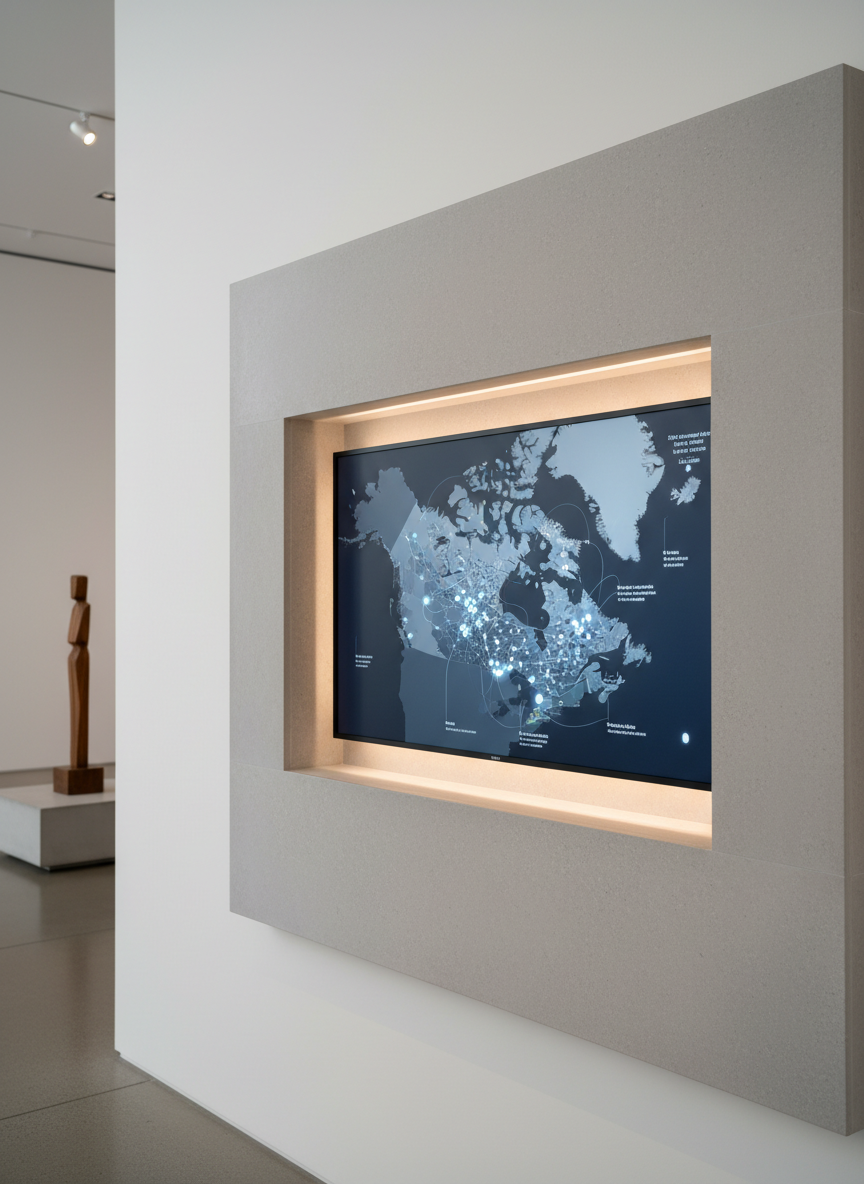 A carefully curated wall-mounted digital screen presenting an interactive map of Canada in serene, desaturated blues and greys, overlaid with glowing points of artistic collaboration hubs. The screen is set within a modern gallery alcove, surrounded by smooth matte stone and tastefully minimal décor. Subtle recessed lighting creates a soft halo, emphasizing the screen’s clean lines and gradients. The image is framed from an eye-level perspective with a sharp, realistic focus. The mood is innovative yet restrained, subtly expressing the platform’s focus on nationwide community and collaboration in a photographic, modern style.