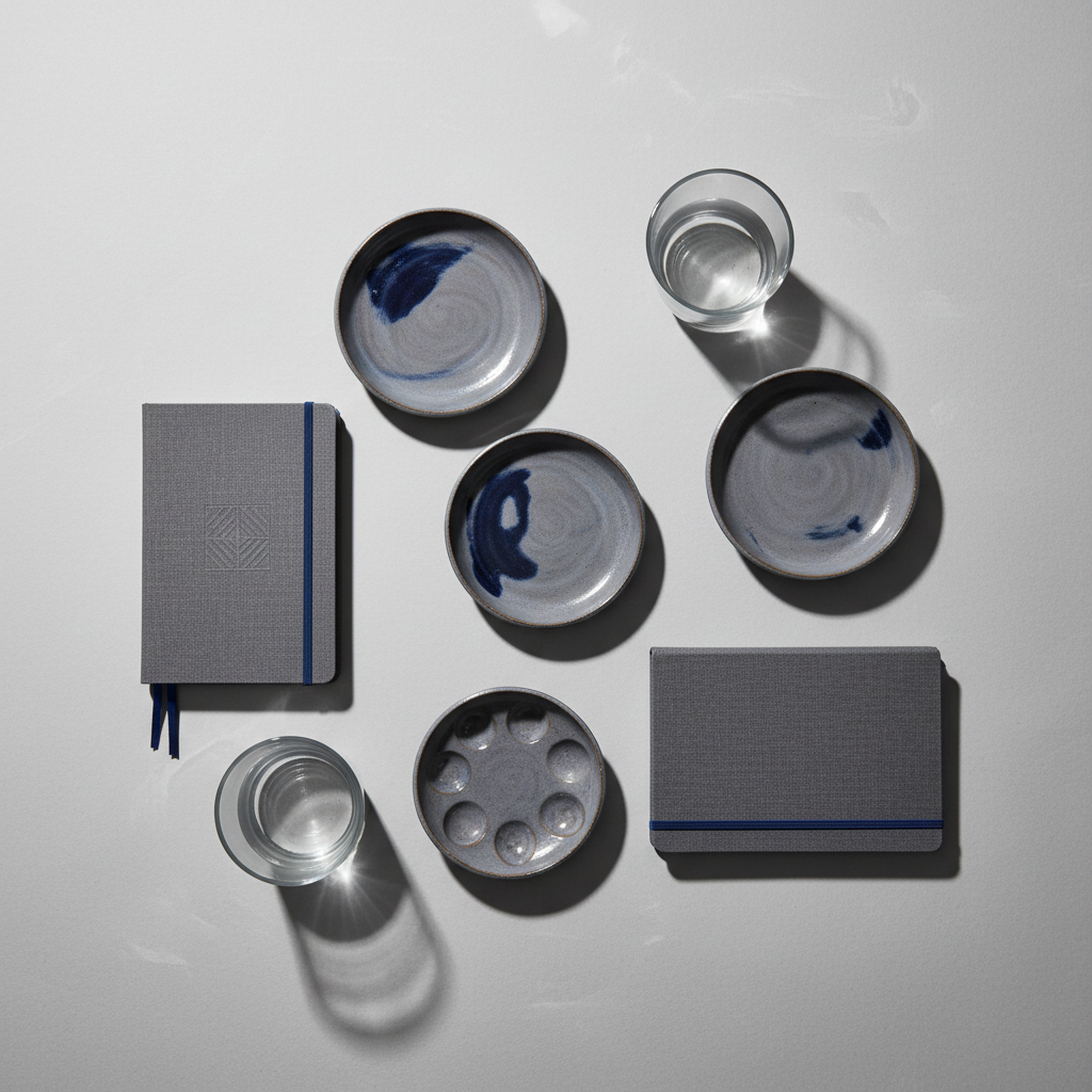 A refined tabletop with a harmonious display of tactile ceramic paint palettes, smooth glass water cups, and delicately textured sketchbooks kept closed, all in gentle greys and deep navy hues. The setting features a clean workspace with a pale, matte surface illuminated by soft overhead studio lighting, producing subtle gradients and elegant shadow play. The shot is composed from an overhead, bird’s eye view with minimalist framing, highlighting the beauty of artistic tools. The mood is calm, organized, and quietly creative, echoing the sophistication of a collaborative art environment in a photographic, minimalist style.